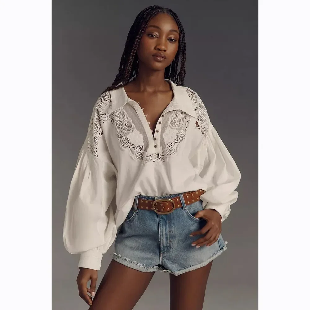 Maeve Anthropologie Puff-Sleeve Collared Yoke Blouse Top Embroidered S 280241